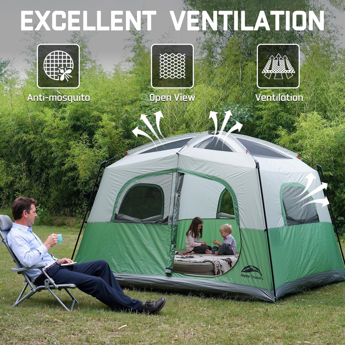 Happy Travel Tent 6 Person Tents for Camping, Waterproof Easy Setup Camping Tent with Rainfly, Portable Large Family Cabin Tent with 5 Large Mesh Windows and Carry Bag for Outdoor Camping & Hiking