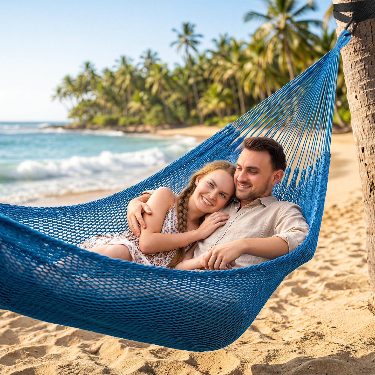 SUNCREAT Hammocks Double Rope Hammock, Outdoor Hanging Tree Hammock, Blue