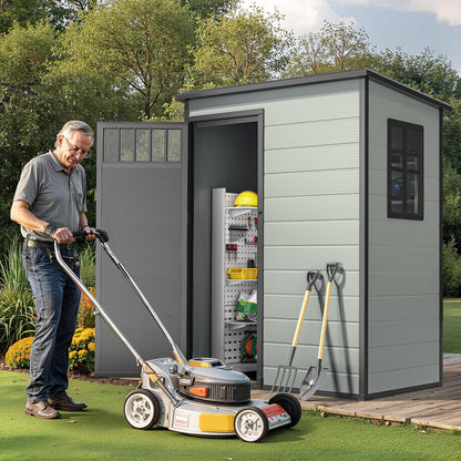 DWVO Outdoor Storage Shed 5x3FT with Fence-Style and Side Windows, Floor & Lockable Doors, Plastic Storage Shed, Storage Shed for Backyard and Garden