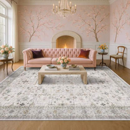 Hazo Haus Boho Light Grey Living Room Rug - Modern Vintage Floral Design | Extra Large 9x12, Washable Non-Slip