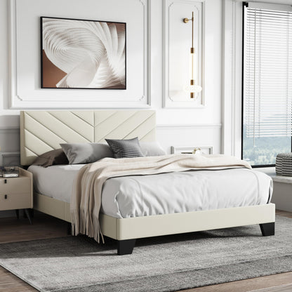 IOILORI Full Size Bed Frame Platform with Upholstered Headboard, Sturdy Wooden Slats, Noiseless, No Springs Required, Easy to Assemble Beige
