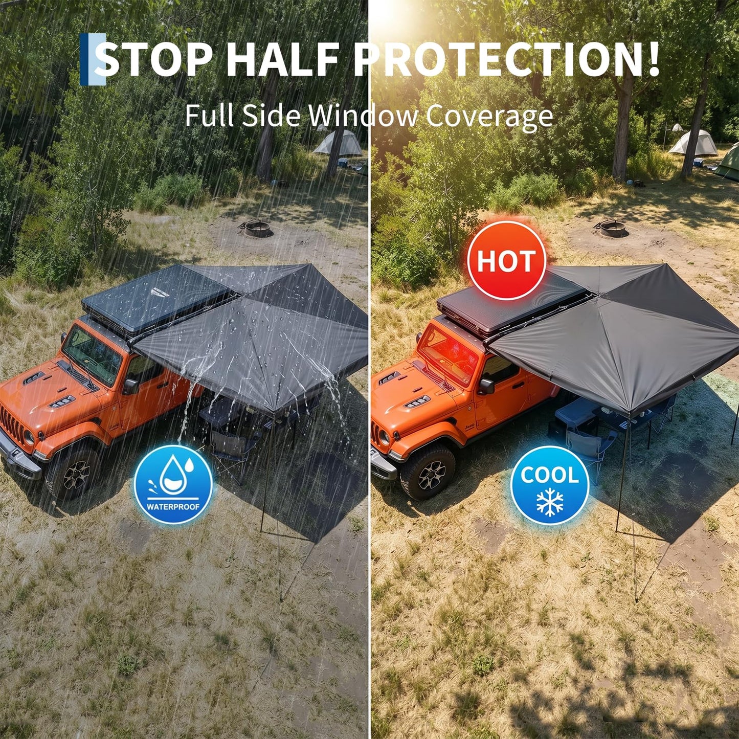 Garvee 270 Degree Driver Side Car Awning, 6.6ft Pull-Out Vehicle Awning with Blackout Coating, 280G Ripstop Waterproof Sun Shelter for SUV Truck Van Camping, Black