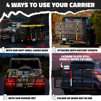 Mockins 60"x24"x14" High Rail Car Trailer Hitch Cargo Carrier w/Rear Lights, Plate Bracket & 30 CuFt Waterproof Hitch Cargo Bag | 500 Lbs. Cap Weatherproof Folding Luggage Rack for SUV Car Truck & RV