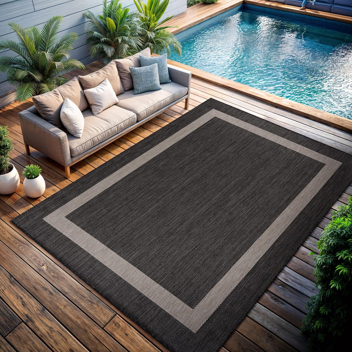 CAMILSON Outdoor Rug 8x10,Modern Outside Rugs for Patios Porches Waterproof Durable Washable Non-Shedding, Easy-to-Clean Indoor Outdoor Area Carpet (8 x 10, Bordered - Dark Gray/Light Gray)