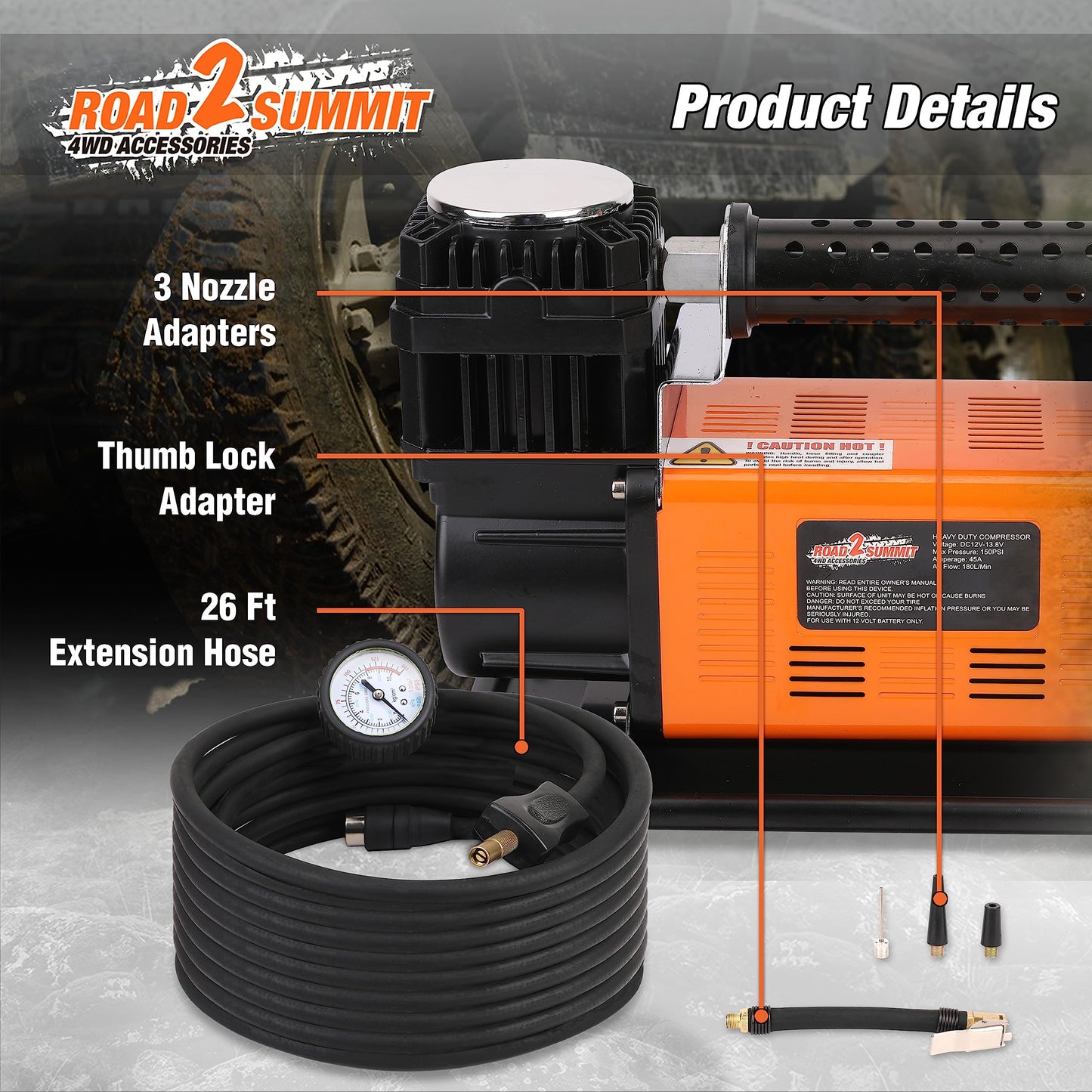 ROAD2SUMMIT Heavy Duty Portable 12V Air Compressor Kit Inflate 6.35CFM (180L/ Min), Max 150PSI, Off-Road Air Compressor Kit for 4x4 Vehicle RV, Air Pump for ATVS Tire, for Car and SUV Tire