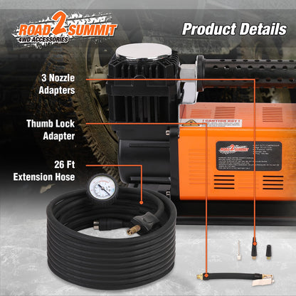 ROAD2SUMMIT Heavy Duty Portable 12V Air Compressor Kit Inflate 6.35CFM (180L/ Min), Max 150PSI, Off-Road Air Compressor Kit for 4x4 Vehicle RV, Air Pump for ATVS Tire, for Car and SUV Tire