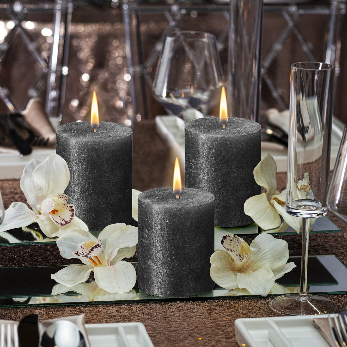 BOLSIUS Anthracite Black Shimmer Metallic Pillar Candles 4 Pack - 2.75 X 3.25 Inches - Premium European Quality - Includes Natural Plant-Based Wax - Unscented Smokeless 35-Hour Wedding Candles