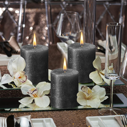 BOLSIUS Anthracite Black Shimmer Metallic Pillar Candles 4 Pack - 2.75 X 3.25 Inches - Premium European Quality - Includes Natural Plant-Based Wax - Unscented Smokeless 35-Hour Wedding Candles