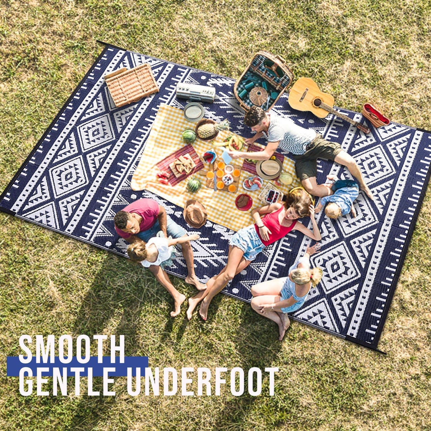 OLANLY Outdoor Rug Waterproof 9x18 ft, Reversible Outdoor Plastic Straw Rug, Boho Patio Rug, Indoor Outdoor Carpet, RV Mat Outside for Patio, Camp, Picnic, Balcony, Deck, Backyard, Navy & White