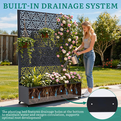 Ultym Metal Planter Box with Trellis 73"x47"x16", Galvanized Steel Raised Garden Bed with Privacy Screen, Lockable Casters, Planter with Drainage Holes for Outdoor Climbing Plants, Vegetables, Patio