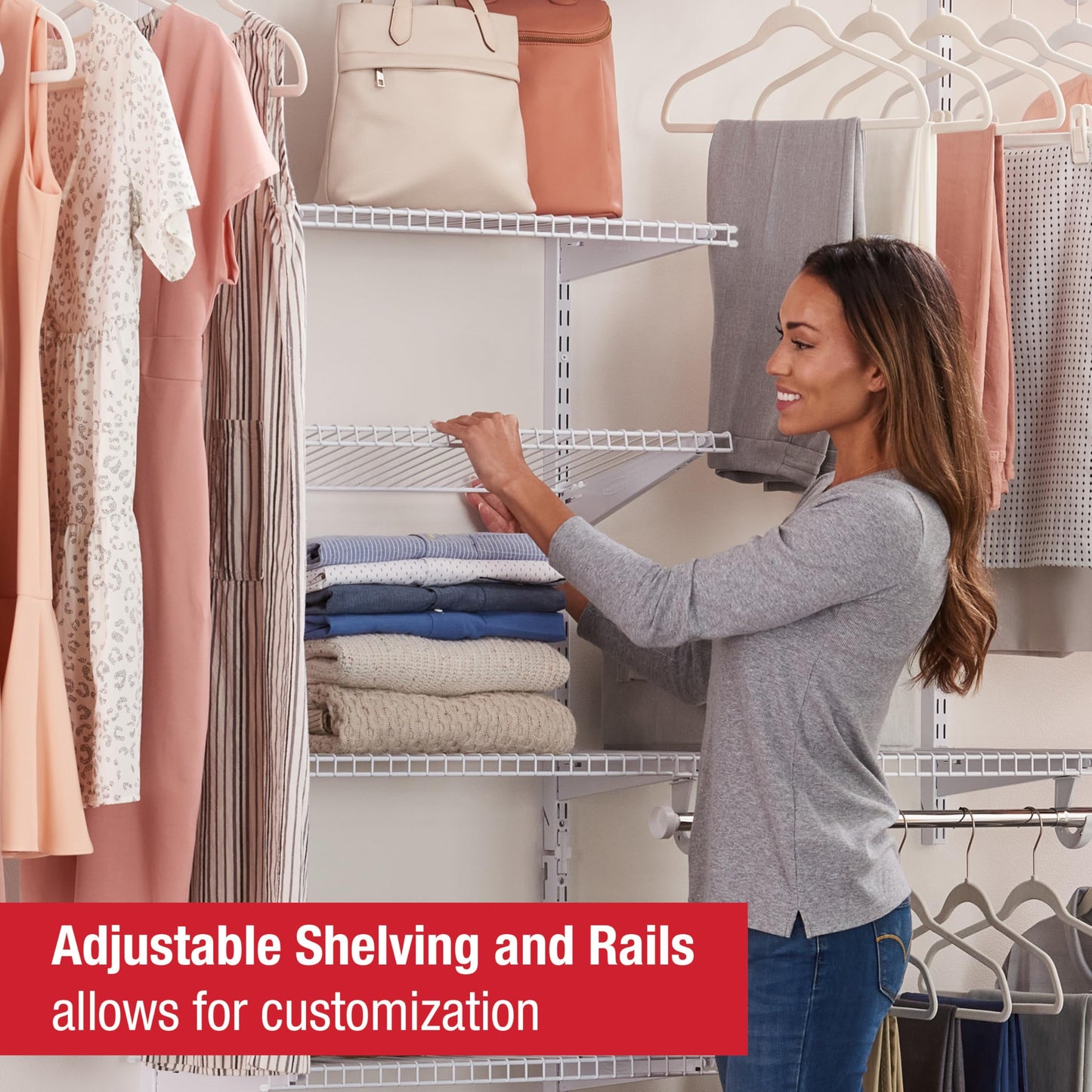 Rubbermaid Configurations Custom Closet Kit 4-8 Ft. Adjustable Metal Wire Shelving White Finish Expandable Organization System Hardware Included for Home Closet/Pantry/Laundry/Mudroom