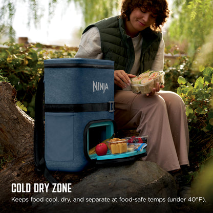 Ninja Backpack Cooler | FrostVault Go 24 Can Soft Cooler | Leakproof Zipper with Built in Can Opener, 2 Ice Packs & Dry Storage Drawer | for Hiking, Camping & More | Luminous Blue | FF124CY