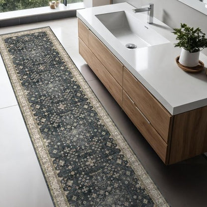 Boho Black Washable 2x10 Hallway Runner Rug - Non-Slip Vintage Floral Carpet for Kitchen & Entryway