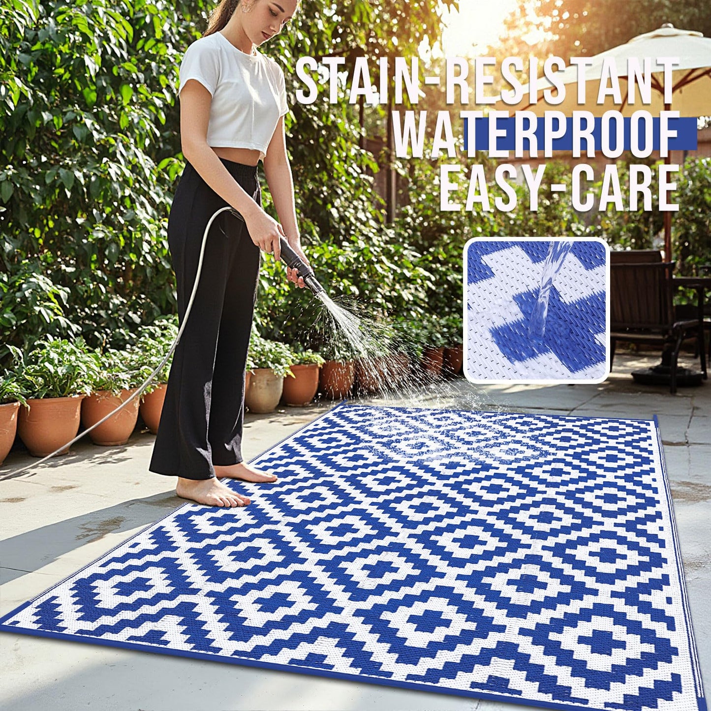 OLANLY Waterproof Outdoor Rug 9x18 ft, Outdoor Plastic Straw Rug for Camping, RV Mat Outside, Outdoor Carpet for Porch, Deck, Backyard, Balcony, Picnic, Blue & White