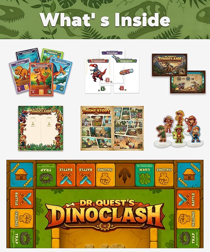 Dr. Quest Dino Clash Educational Math Board Game | Dinosaur-Themed Addition &amp Subtraction Game | Educational Family &amp Homeschool Math Game for Kids Ages 6–10