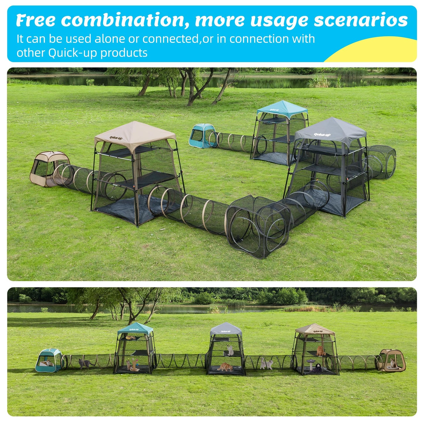 Extra Large catio Outdoor cat Enclosure,3-in-1 Cat Tower Tent with Tunnel/Pop Up Cube, Portable Catio,Cat Tent,Foldable Cat Enclosure for Indoor/Outdoor/Camping Weatherproof & Sunproof(Patented)