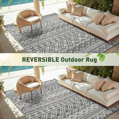 MontVoo Outdoor Rug Carpet Waterproof 10x14 Outdoor Patio Rug Mat Reverisble Plastic Straw Outdoor Rugs for RV Camping Picnic Beach Balcony Boho Grey Large