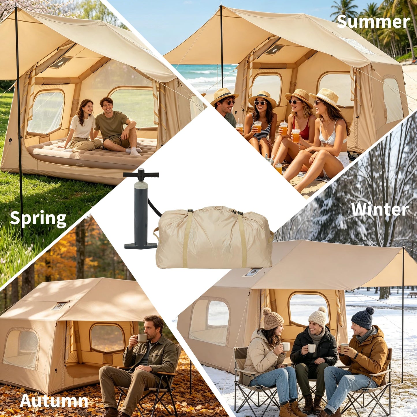 Inflatable Camping Tent for 3-5 Person, Quick Setup Blow Up Tent with Canopy, Waterproof 4 Season Air Glamping Tent with Skylight, Mesh Windows & Stove Jack, for Camping, Beach, Outdoor