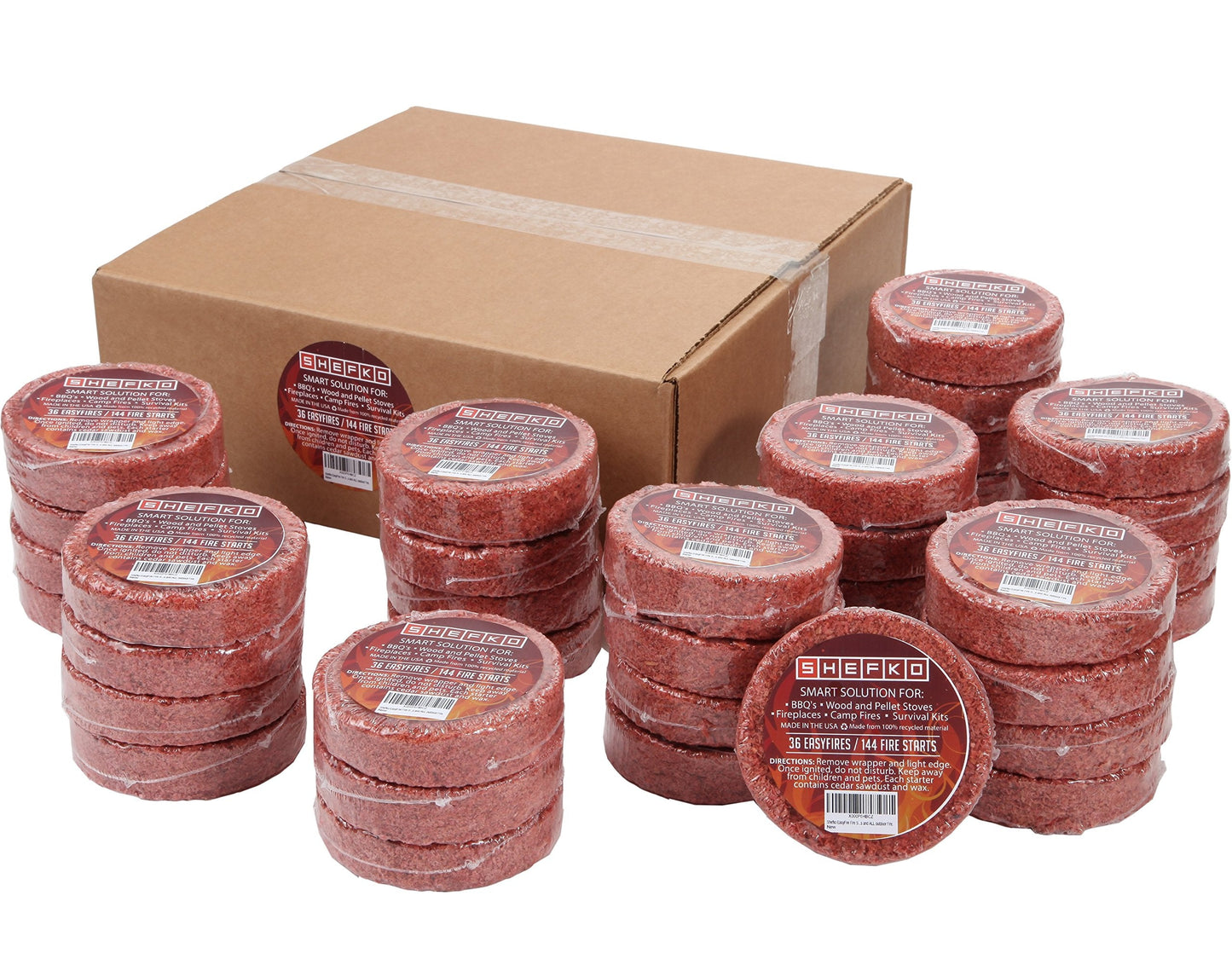 Shefko EasyFire Fire Starters with 30-min. Burn-time Guarantee – Natural Cedar Scent, Clean, All-Weather Quick Flame – 36 Pucks / 144 Fire Starts- Camping Essentials And Emergency Kit / Survival Solution