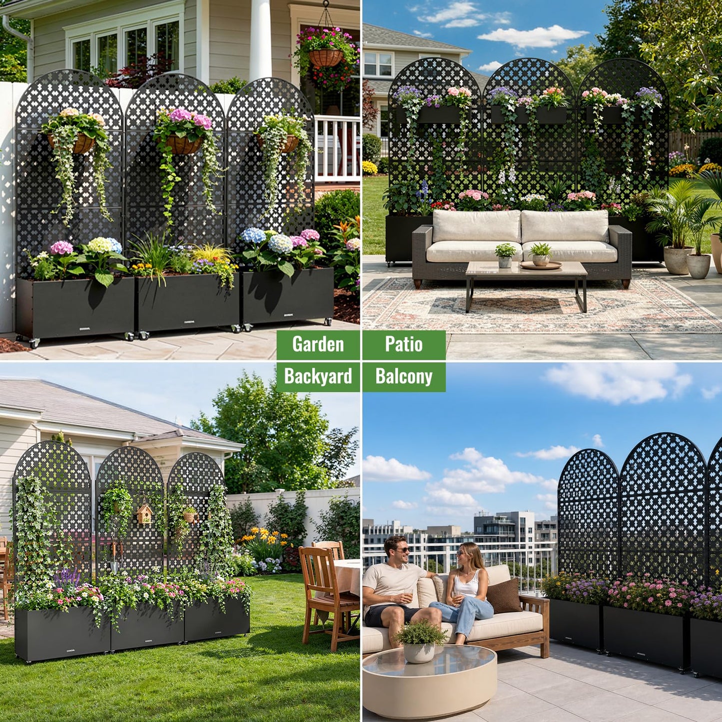 Metal Planter Box with Trellis and Wheels, 72.8 * 35.4 * 11.8IN Raised Garden Bed with Drainage Holes and Soil-Retention Mesh, Outdoor Privacy Screen Planter for Patio, Balcony, Deck and Garden