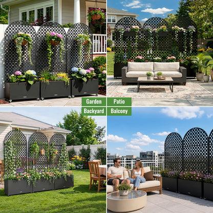 Metal Planter Box with Trellis and Wheels, 72.8 * 35.4 * 11.8IN Raised Garden Bed with Drainage Holes and Soil-Retention Mesh, Outdoor Privacy Screen Planter for Patio, Balcony, Deck and Garden