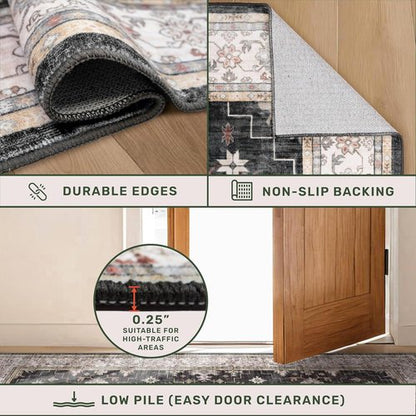 Hazo Haus Boho Area Rug - Washable Black Low Pile Non-Slip Dining Room Carpet | 6x8 Geometric Design