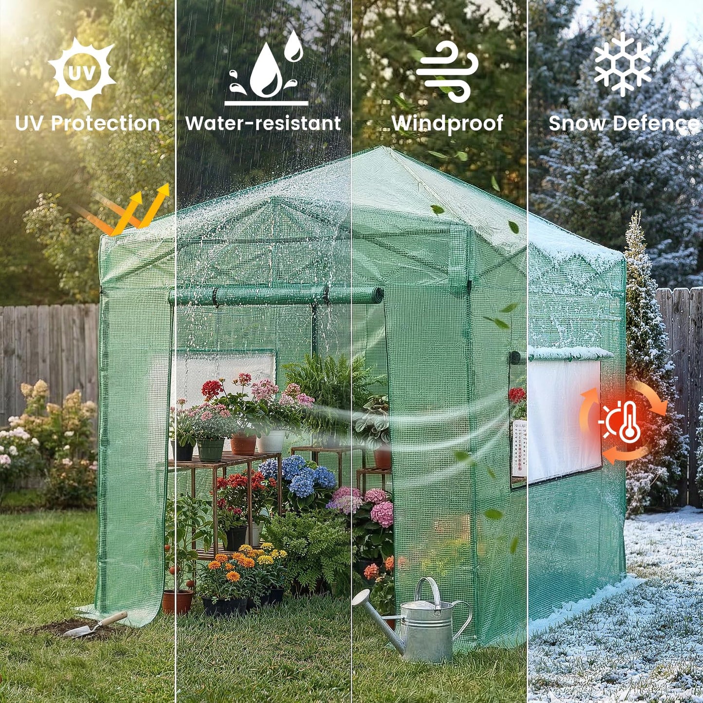 CROWN SHADES 8x6 Walk-in Greenhouse,Pop Up Portable Greenhouse with Center Lock One Push Instant,Outdoor Greenhouse Kit with Roll-Up Door,Mesh Windows&Adjustable Height for Backyard Garden（Green）