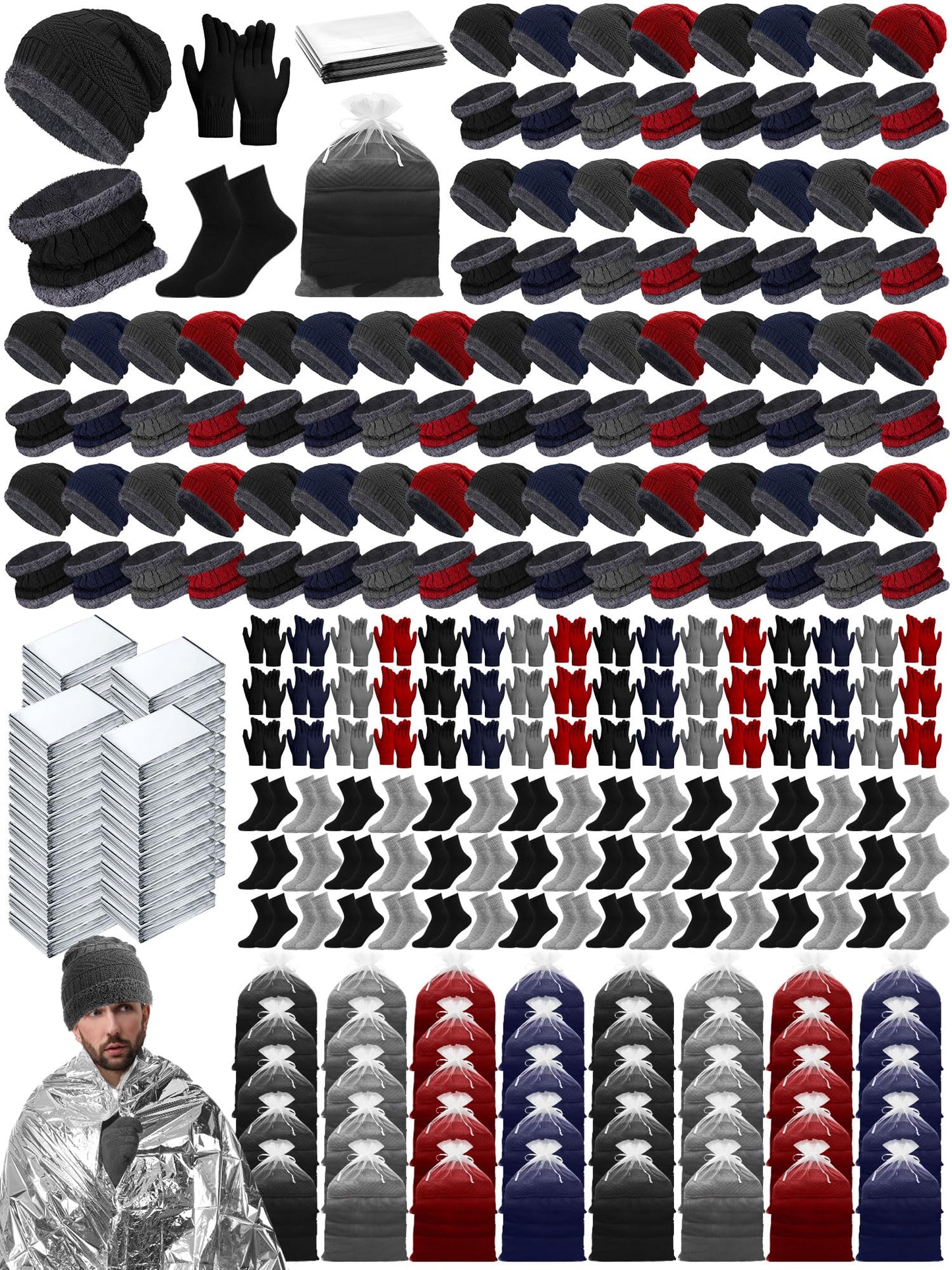 Jamntower 288 Pcs Homeless Care Package Supplies Bulk Winter Hygiene Kit Emergency Blankets Beanies Hat Scarf Glove Sock Organza Bag (4 Colors)
