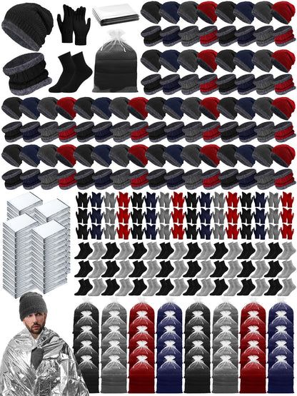 Jamntower 288 Pcs Homeless Care Package Supplies Bulk Winter Hygiene Kit Emergency Blankets Beanies Hat Scarf Glove Sock Organza Bag (4 Colors)