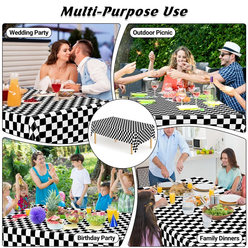 QZYL 4Pack Plastic Table Cloth Disposable, 54" x 108" Waterproof Tablecloths Rectangular, Black and White Checkered Table Cover for Picnic Birthday Party Supplies Outdoor Gathering BBQ Holiday Dinner