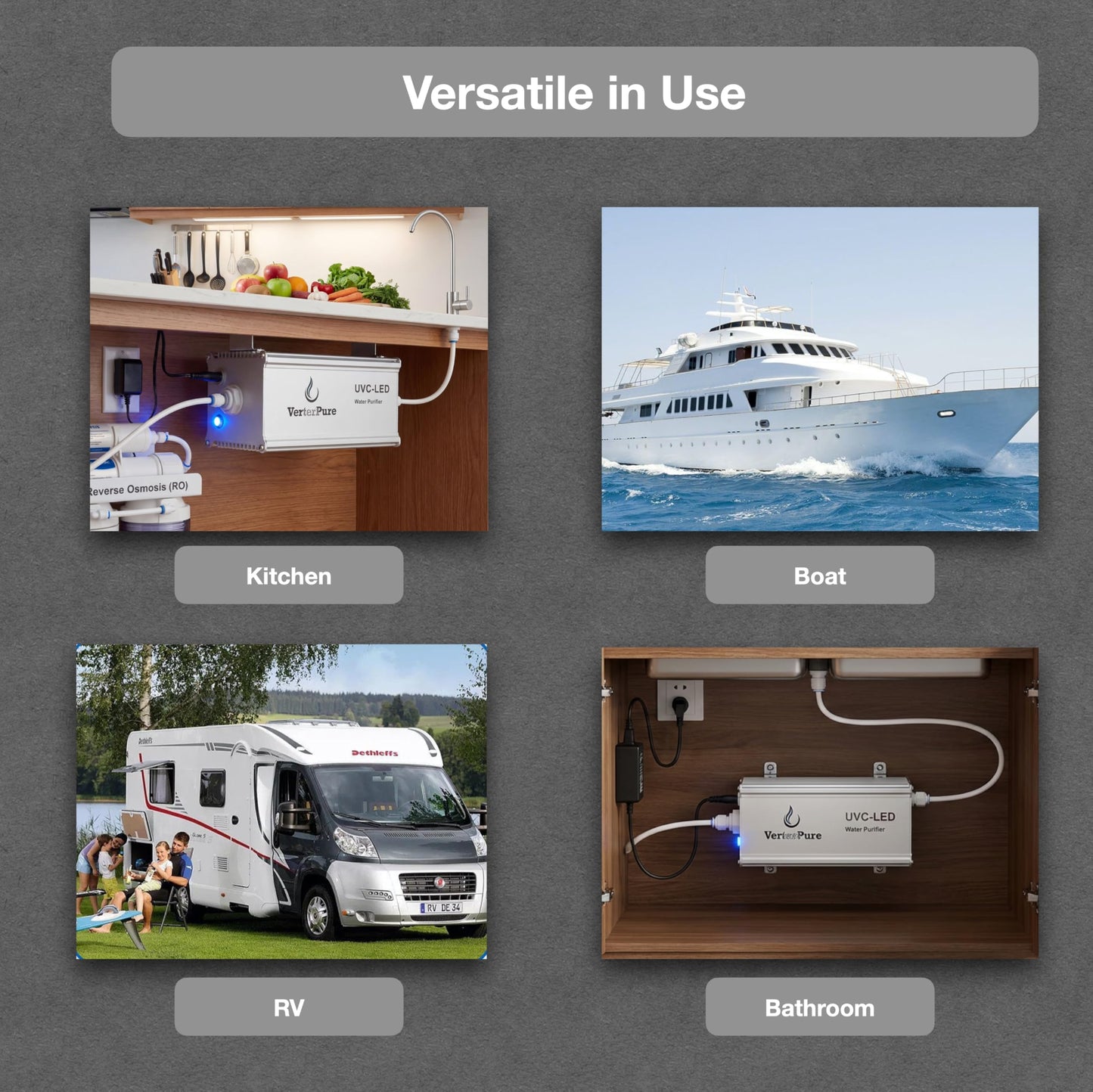 VerterPure VP2 Mini UV-C LED Ultraviolet Water Filter Purifier, Reduce up to 99.99% of Contaminants at Flow Rate 0.52GPM, Smart On/Off Switch, 12V DC for RV Boats Off-Grid Livings, Mercury Free