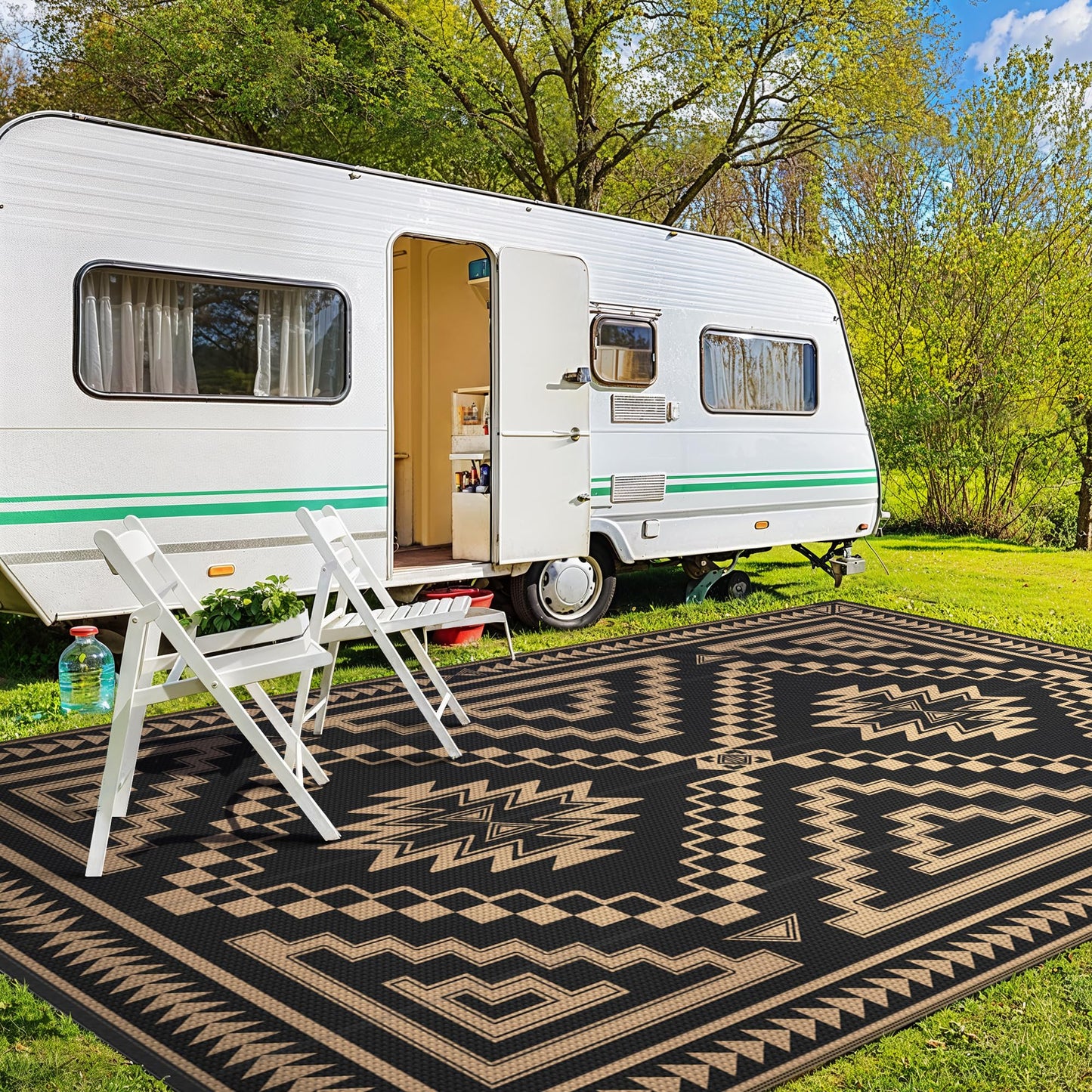 GENIMO Outdoor Rug for Patio Clearance - 10x14 ft Waterproof Plastic Camping Rugs, Reversible Outside Rv Mat Carpet for Porch, Deck, Picnic, Balcony, Beach, Backyard, Black Brown