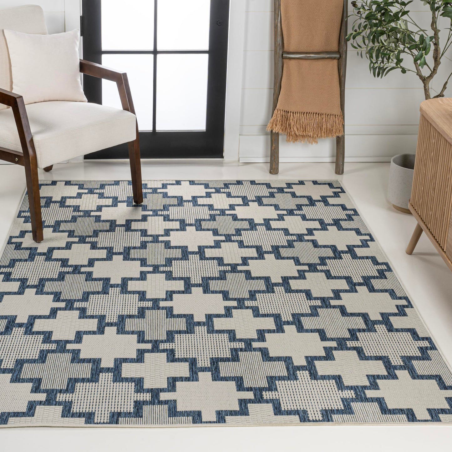 JONATHAN Y Geometric Tile Pattern Indoor Outdoor Area Rug 8X10 Navy/Cream, Cyrus Modern for Backyard, Patio, Porch, Easy-Cleaning, High Traffic, Pet-Friendly, Non-Shedding (TSN200B-8)