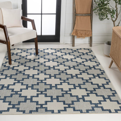JONATHAN Y Geometric Tile Pattern Indoor Outdoor Area Rug 8X10 Navy/Cream, Cyrus Modern for Backyard, Patio, Porch, Easy-Cleaning, High Traffic, Pet-Friendly, Non-Shedding (TSN200B-8)