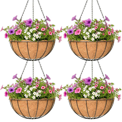 4 Pack Hanging Planter for Outdoor Plants 12 inch Metal Hanging Flower Basket with Coco Coir Liner Round Wire Plant Holder Chain Flower Pots Outdoor Garden Decoration Watering Hanging Baskets(XG)