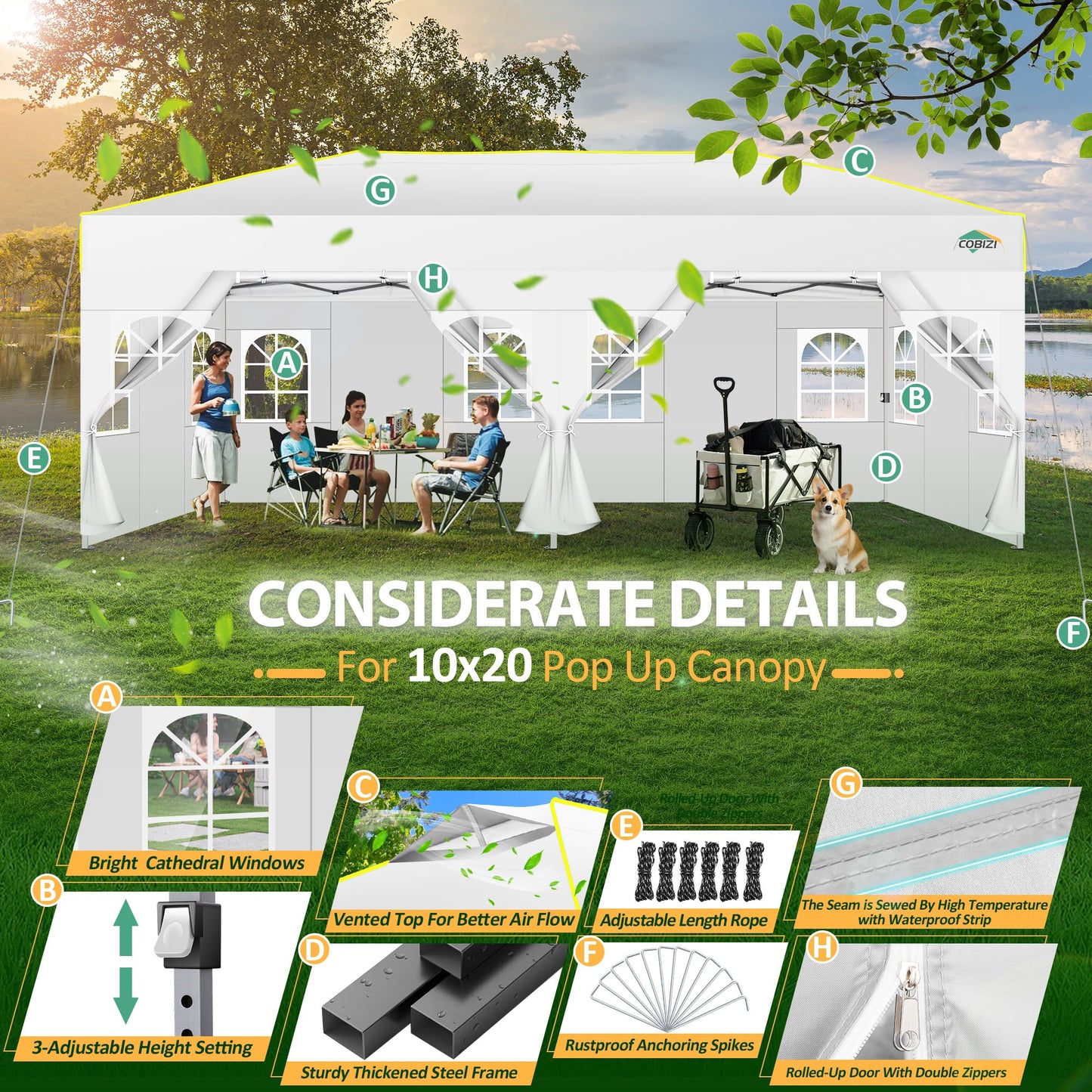 COBIZI 10x20 Pop Up Canopy Tent with 6 Sidewalls One Push Setup Outdoor Commercial Gazebo Waterproof UPF 50+ Party Tent with Carry Bag,Air Vent,Sandbag Tents for Parties,Wedding,Backyard,White