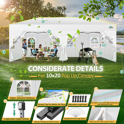 COBIZI 10x20 Pop Up Canopy Tent with 6 Sidewalls One Push Setup Outdoor Commercial Gazebo Waterproof UPF 50+ Party Tent with Carry Bag,Air Vent,Sandbag Tents for Parties,Wedding,Backyard,White