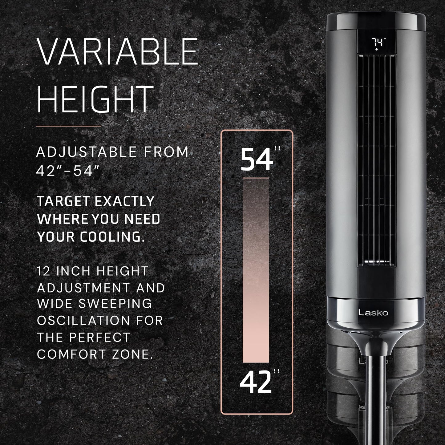 Lasko Elevation Tower Fan for Bedroom, Office, and Living Room - 42”-54” Adjustable Height Cooling with 31 ft/s Airflow and 90° Oscillation- Quiet 28 dB Operation - Remote Control - Black