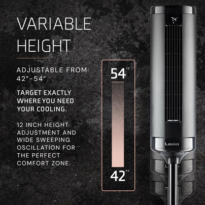 Lasko Elevation Tower Fan for Bedroom, Office, and Living Room - 42”-54” Adjustable Height Cooling with 31 ft/s Airflow and 90° Oscillation- Quiet 28 dB Operation - Remote Control - Black