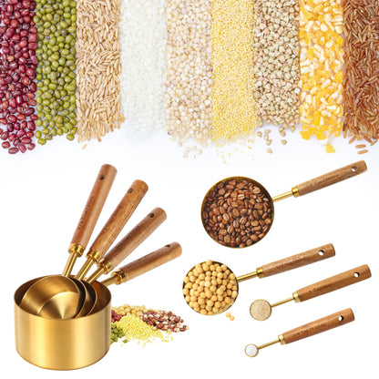 Gold Measuring Cups and Spoons Set,8 Piece Premium Stainless Steel Measuring Cups with Wood Handles,4 Stackable Wooden Measuring Cups and 4 Measuring Spoons Set for Baking Supplies in the Kitchen
