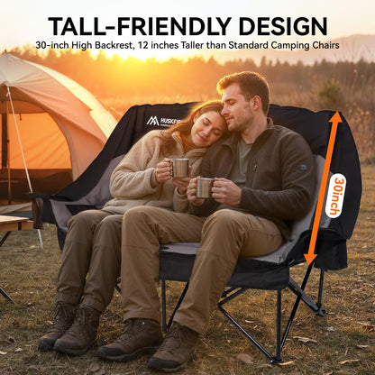Huskfirm High Back Double Camping Chair 2 Person Camping Chair Low Seat Loveseat Camping Chair Fully Padded Oversized Camping Couch for Adults - Supports 650 LBS with Cup Holders Carry Bag - Black