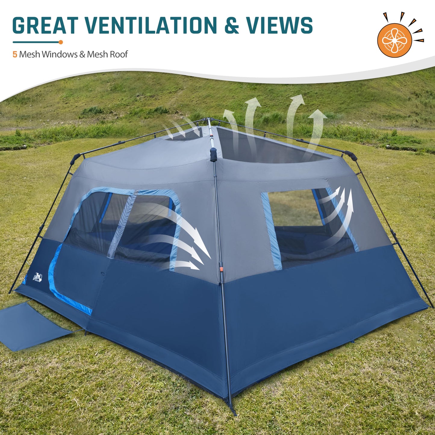 Camping Tent, Instant Cabin Tents for Camping, 8-Person Family Tent, Easy Setup in 60 Seconds with Porch, Large Waterproof Tents for Outdoor Camping, 5 Mesh Windows, Upgraded Ventilation (Blue)
