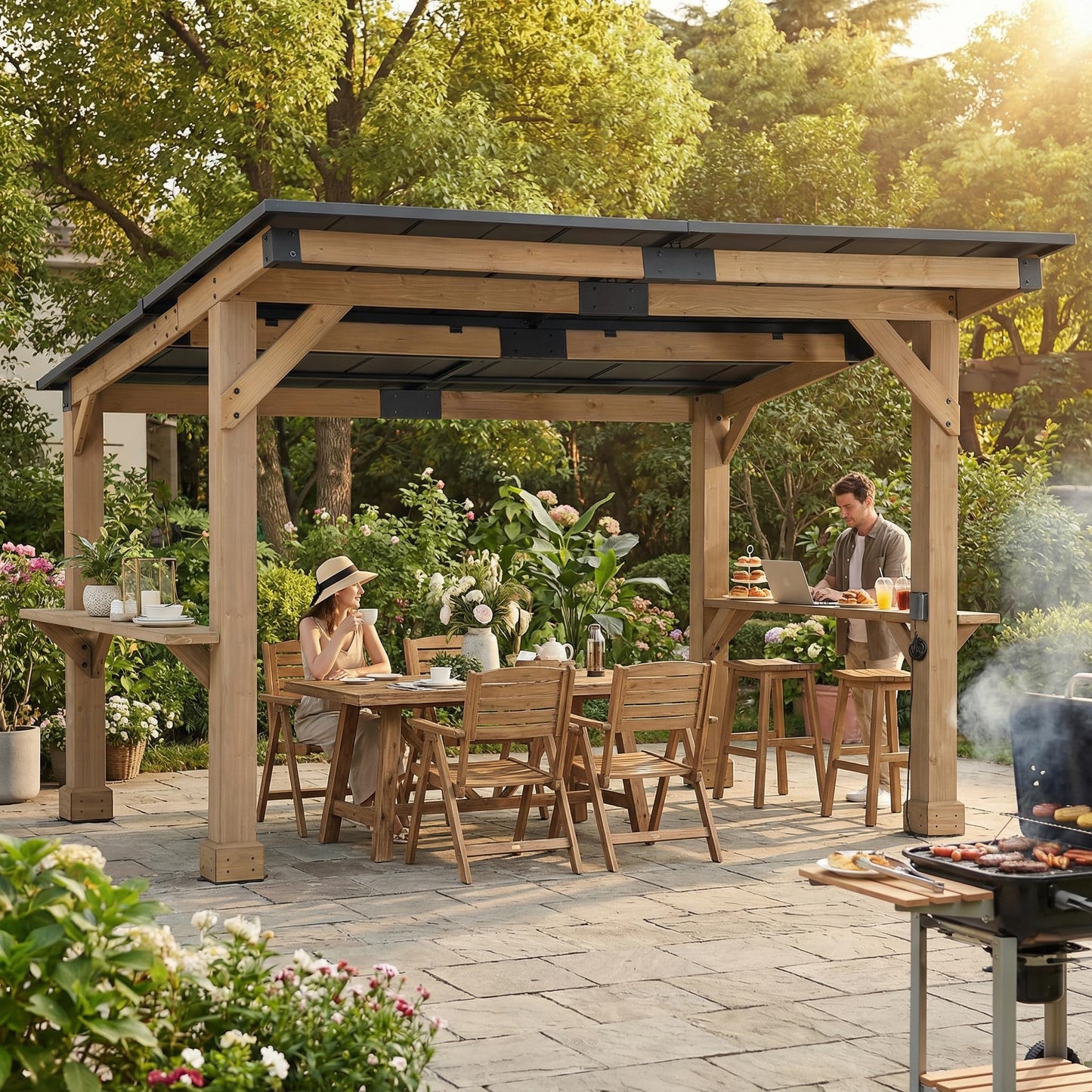 SUNJOY 12' x 10' Grill Gazebo, Outdoor Cedar Wood BBQ Pavilion Backyard Hot Tub Gazebo with Hardtop Metal Roof, Exclusive PowerPort and Bar Shelves, Permanent Cook Station for Patio, Deck, Garden