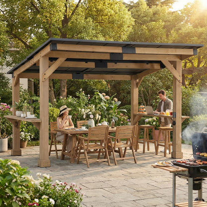 SUNJOY 12' x 10' Grill Gazebo, Outdoor Cedar Wood BBQ Pavilion Backyard Hot Tub Gazebo with Hardtop Metal Roof, Exclusive PowerPort and Bar Shelves, Permanent Cook Station for Patio, Deck, Garden