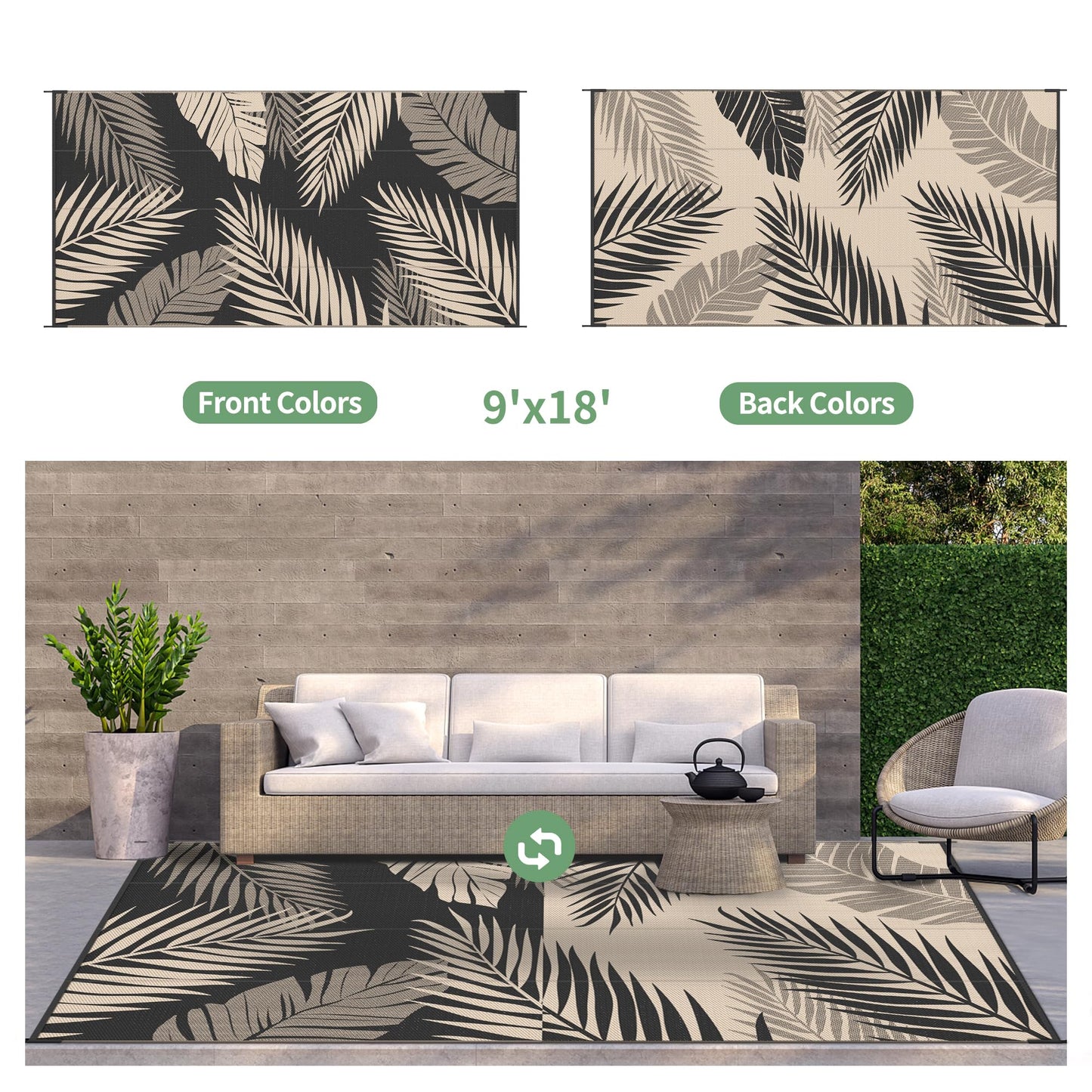 GENIMO Outdoor Rug 9' x 18' Waterproof for Patios Clearance, Reversible Outdoor Plastic Straw Camping Rug Carpet, Large Area Rugs Mats for RV, Camper, Deck, Balcony, Porch, Beach, Picnic, Black&Beige