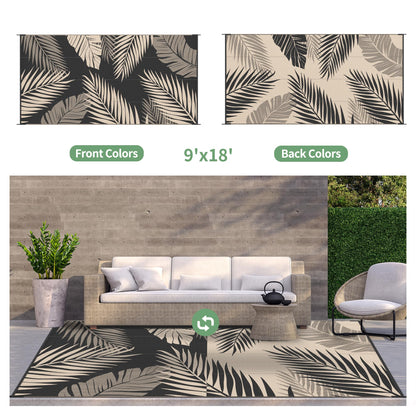 GENIMO Outdoor Rug 9' x 18' Waterproof for Patios Clearance, Reversible Outdoor Plastic Straw Camping Rug Carpet, Large Area Rugs Mats for RV, Camper, Deck, Balcony, Porch, Beach, Picnic, Black&Beige