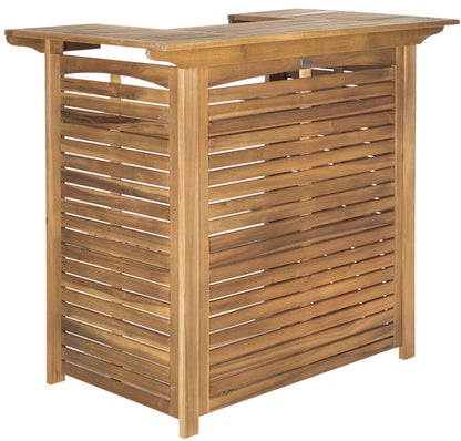 SAFAVIEH Outdoor - Monterey Natural Brown Acacia Wood Bar Table, Slatted Outdoor Bar Table with Storage Shelves, Patio Entertaining Station (PAT7011A)