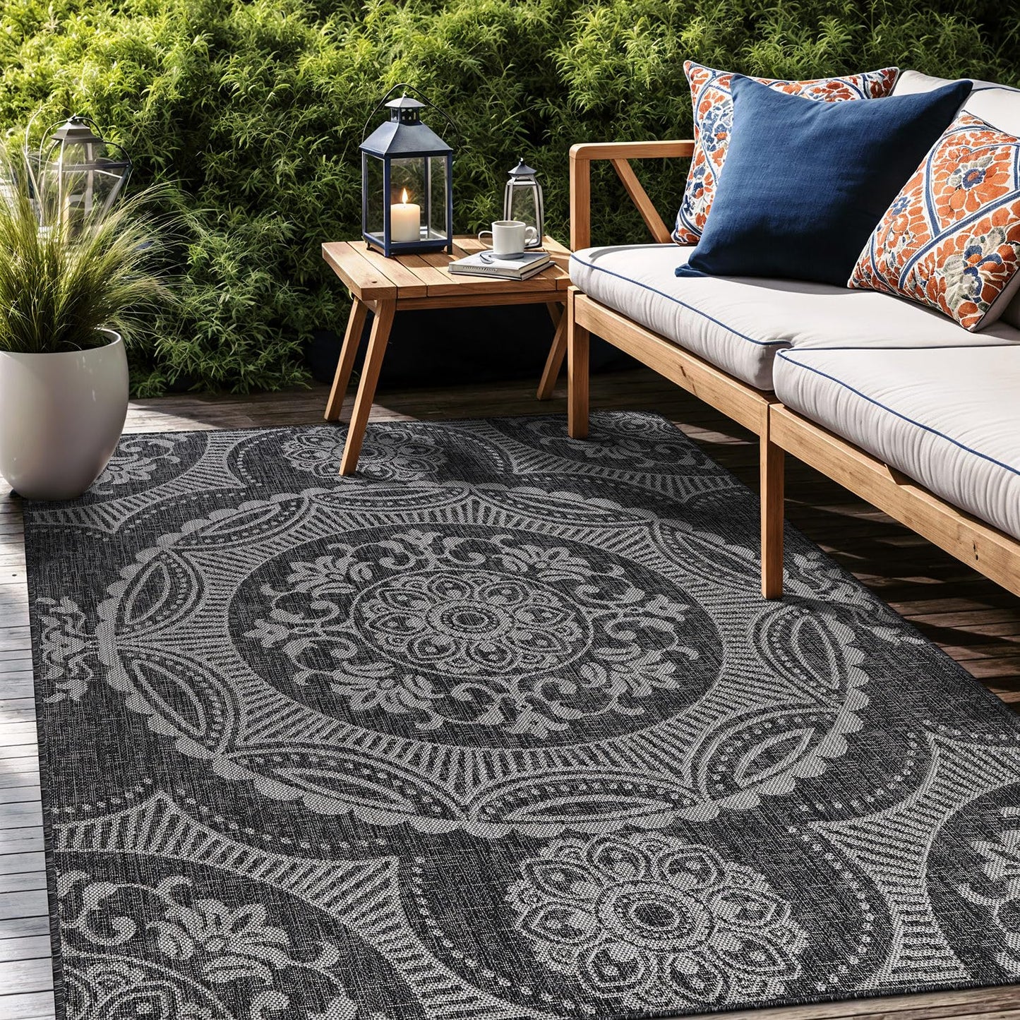 Luul Home Medallion Outdoor Rug 9x12 Washable Outside Carpet for Indoor Patio Porch Waterproof Easy Cleaning Non Shedding Area Rugs Dark Gray 9 x 12