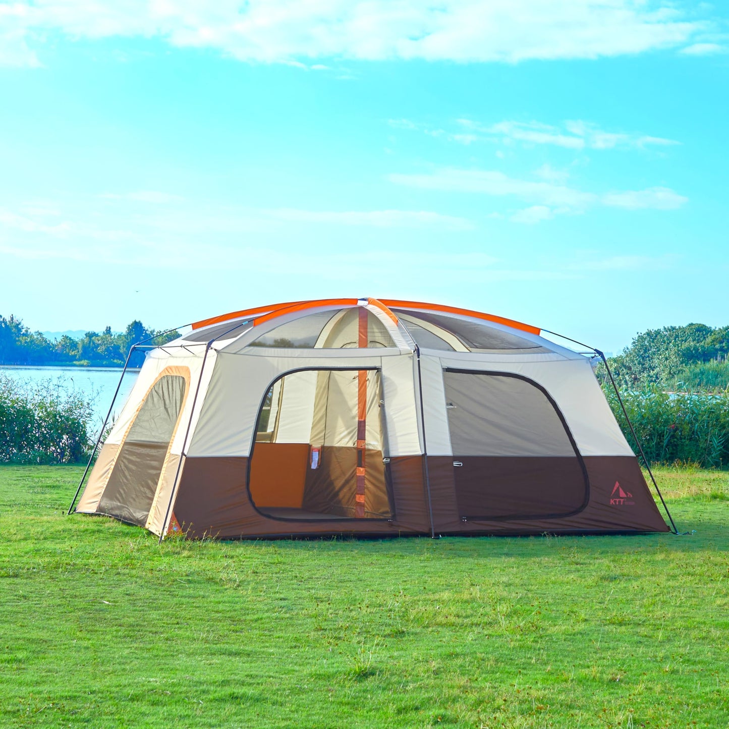 KTT Extra Large Tent 12-14 Person,Family Cabin Tents,2 Rooms,Straight Wall,2 Doors 4 Windows with Mesh,Waterproof,Straight Wall,Big Tent for Outdoor,Picnic,Camping,Gathering(Brown)