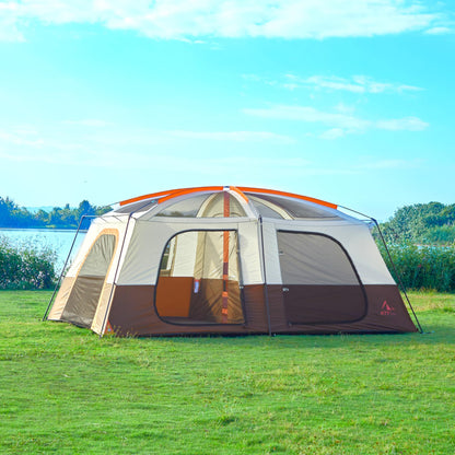 KTT Extra Large Tent 12-14 Person,Family Cabin Tents,2 Rooms,Straight Wall,2 Doors 4 Windows with Mesh,Waterproof,Straight Wall,Big Tent for Outdoor,Picnic,Camping,Gathering(Brown)